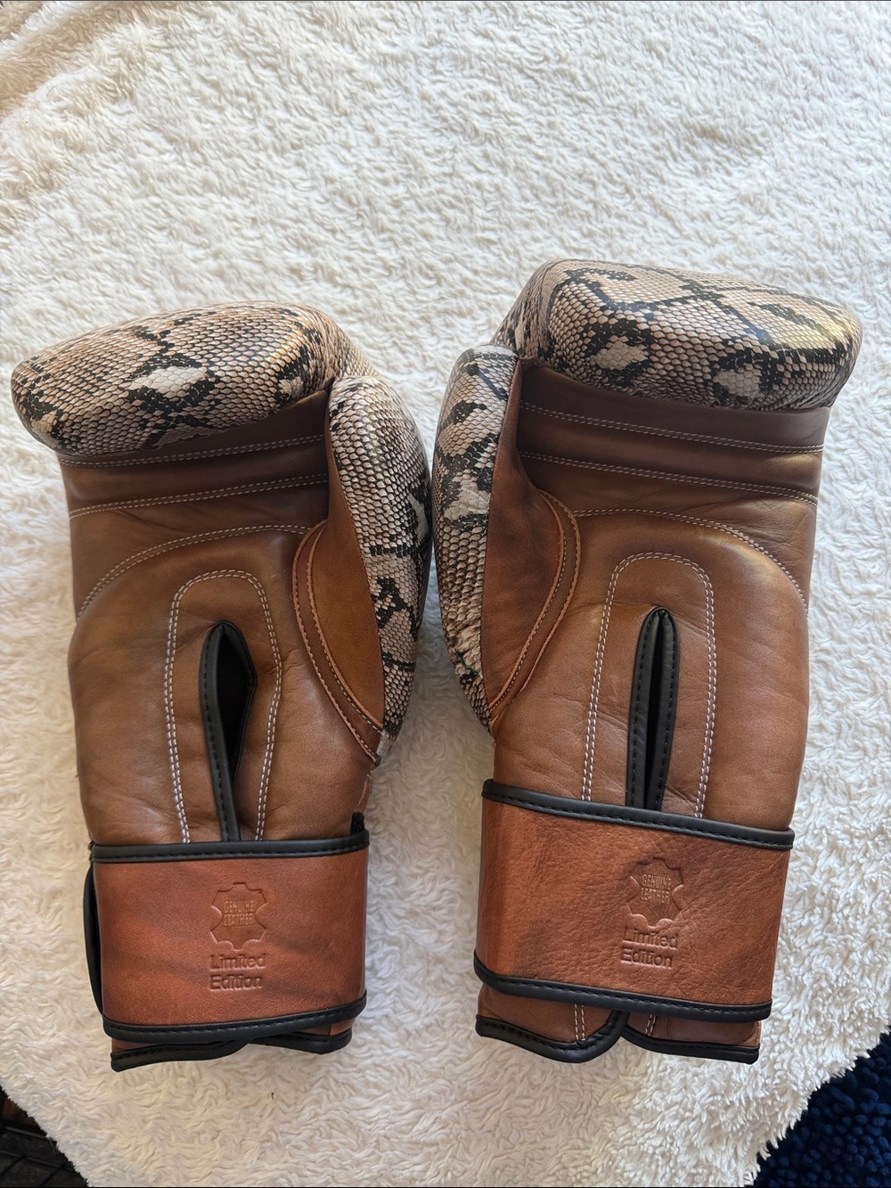 Modern Vintage Brown Leather Boxing Gloves with Snake Print